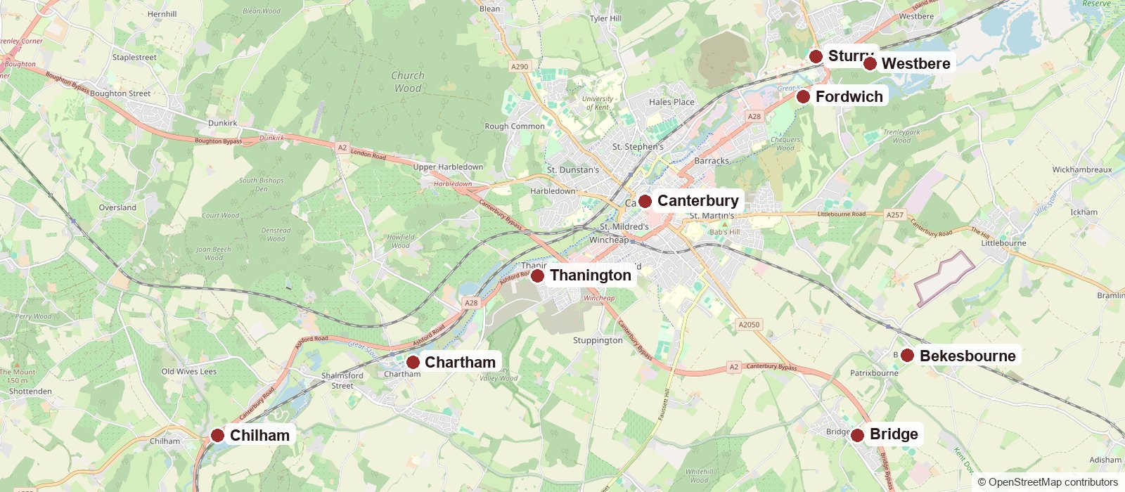 Map of Meridian Care home care coverage across Canterbury and the surrounding villages