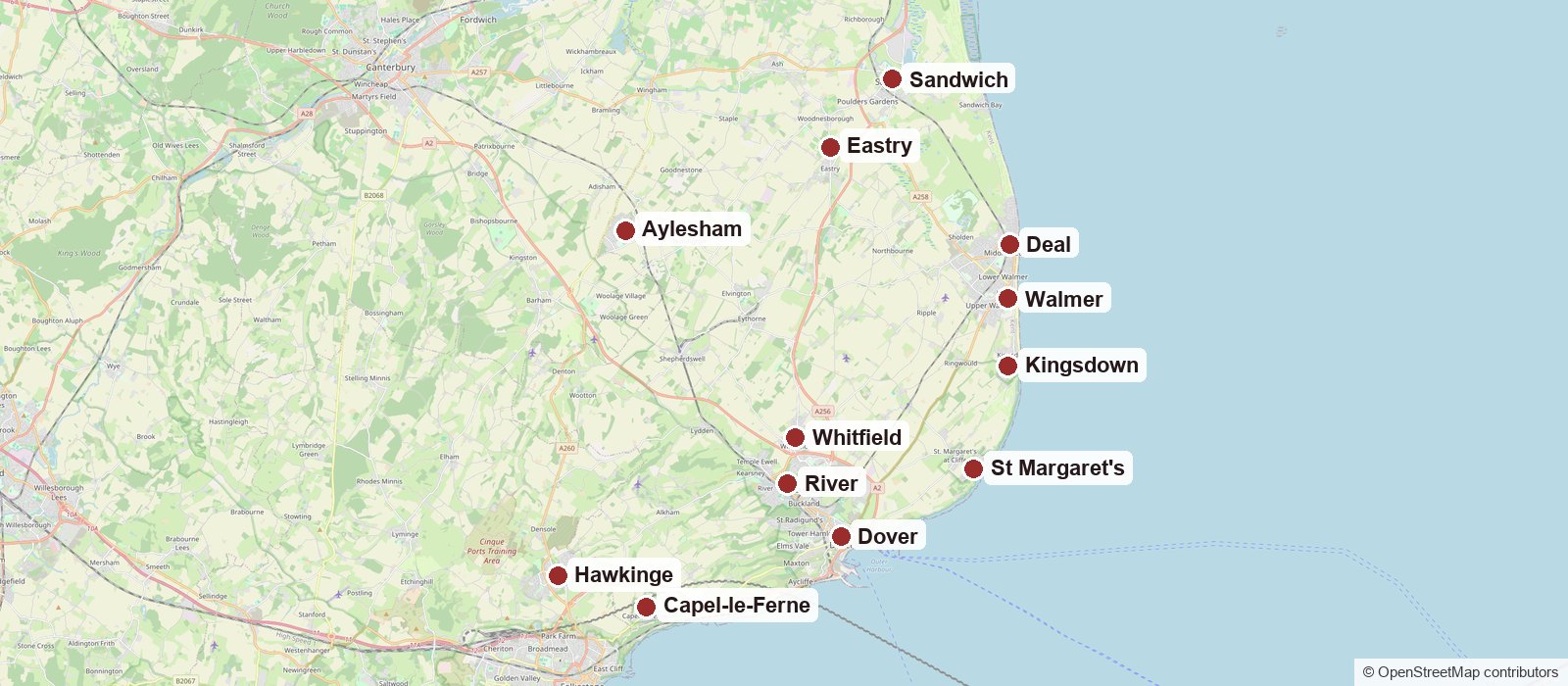Map of Meridian Care home care coverage across Dover, Deal, Sandwich and the surrounding East Kent towns