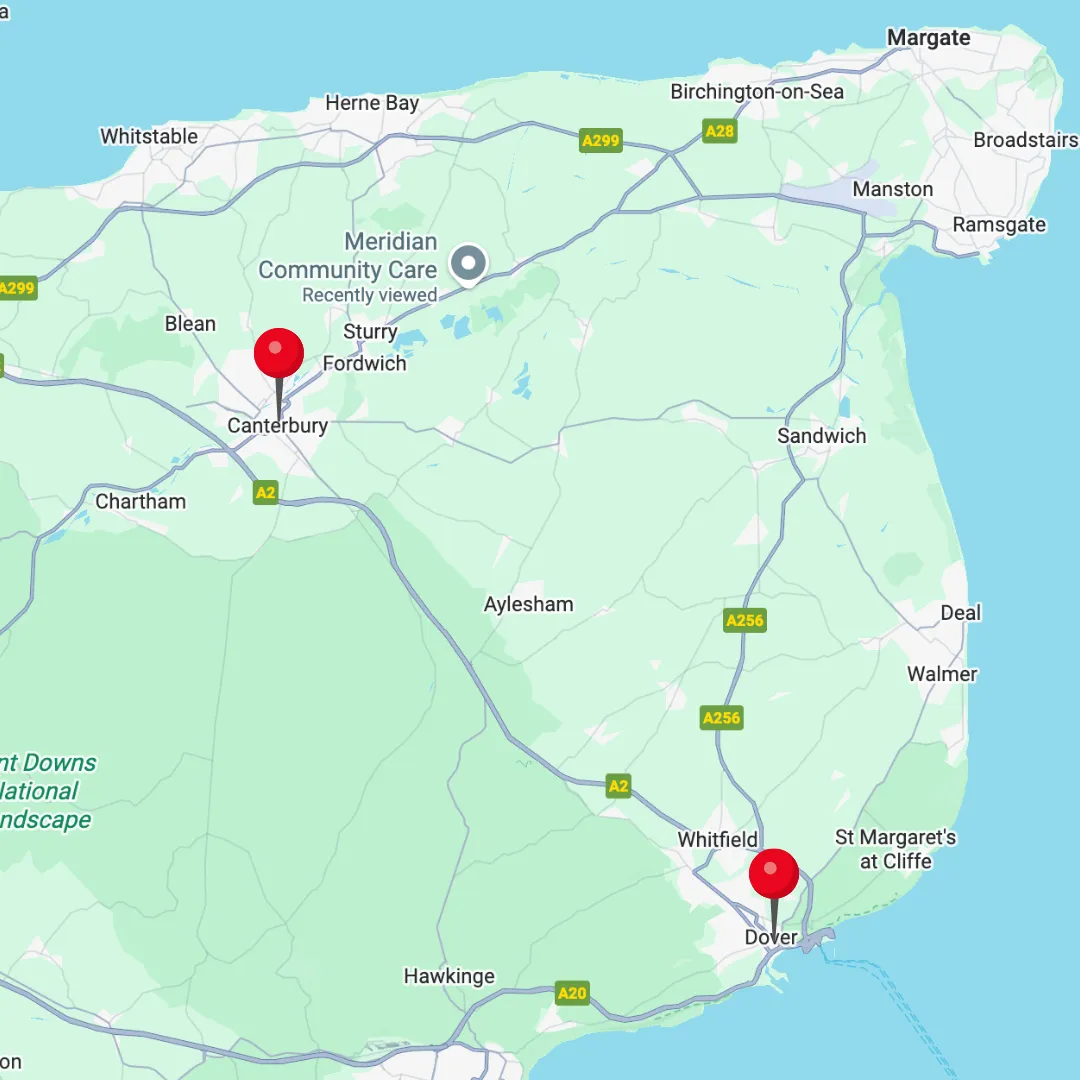 Service coverage map showing Canterbury and Dover branches across East Kent